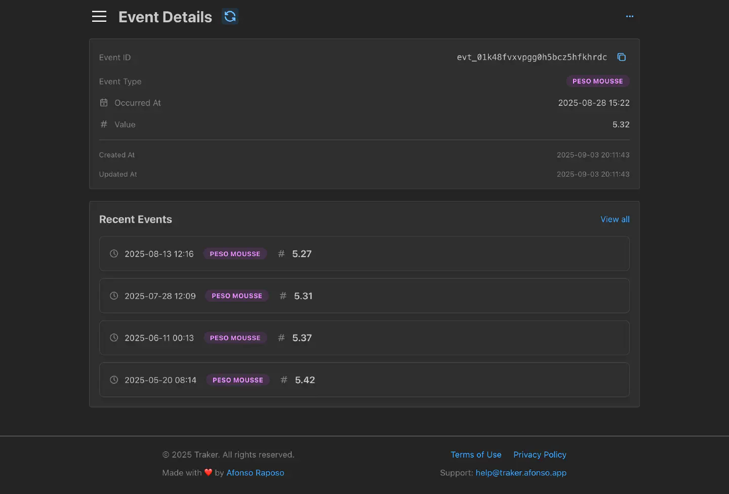 Screenshot of the event details screen of the new Traker app