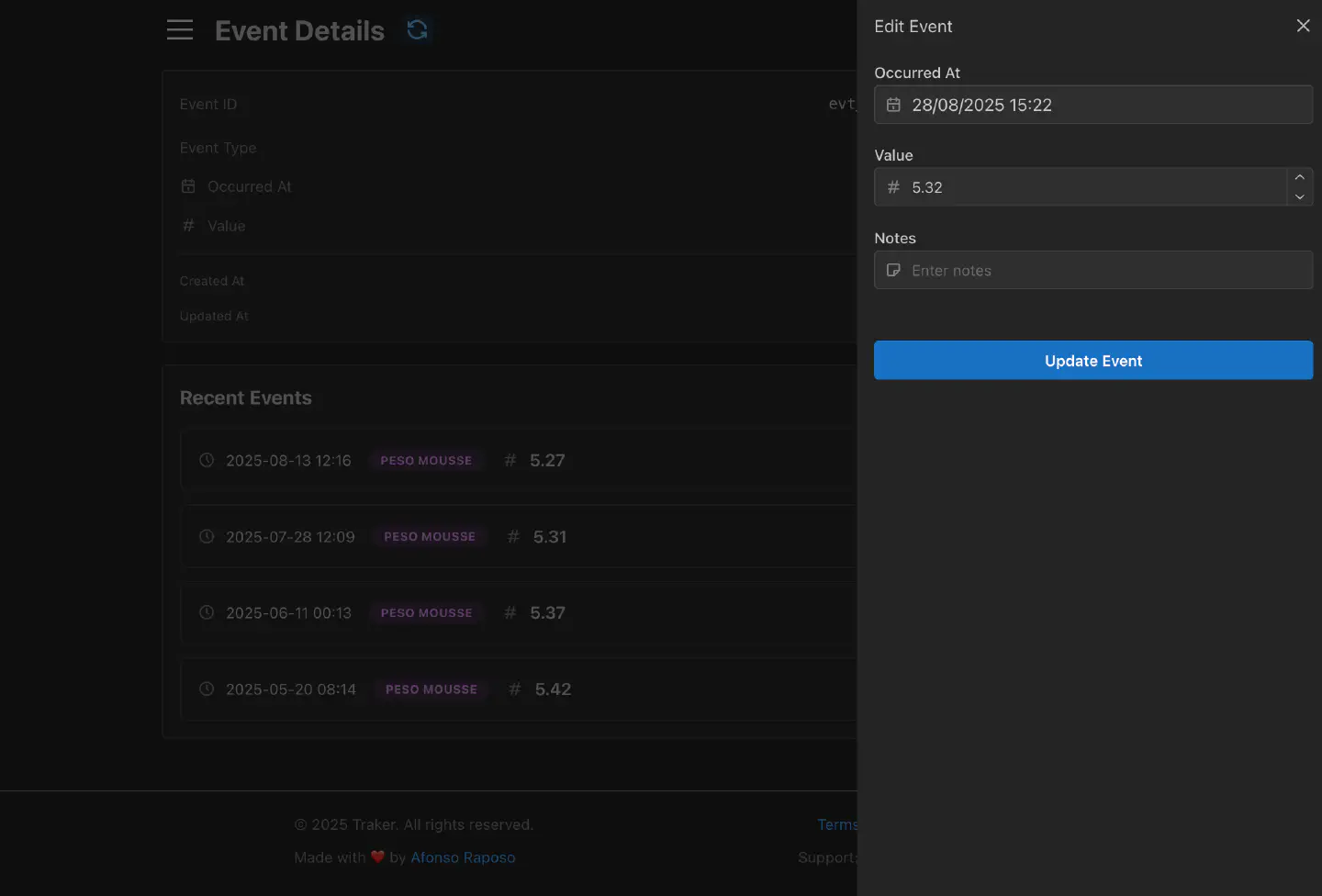 Screenshot of the event details drawer to edit an event