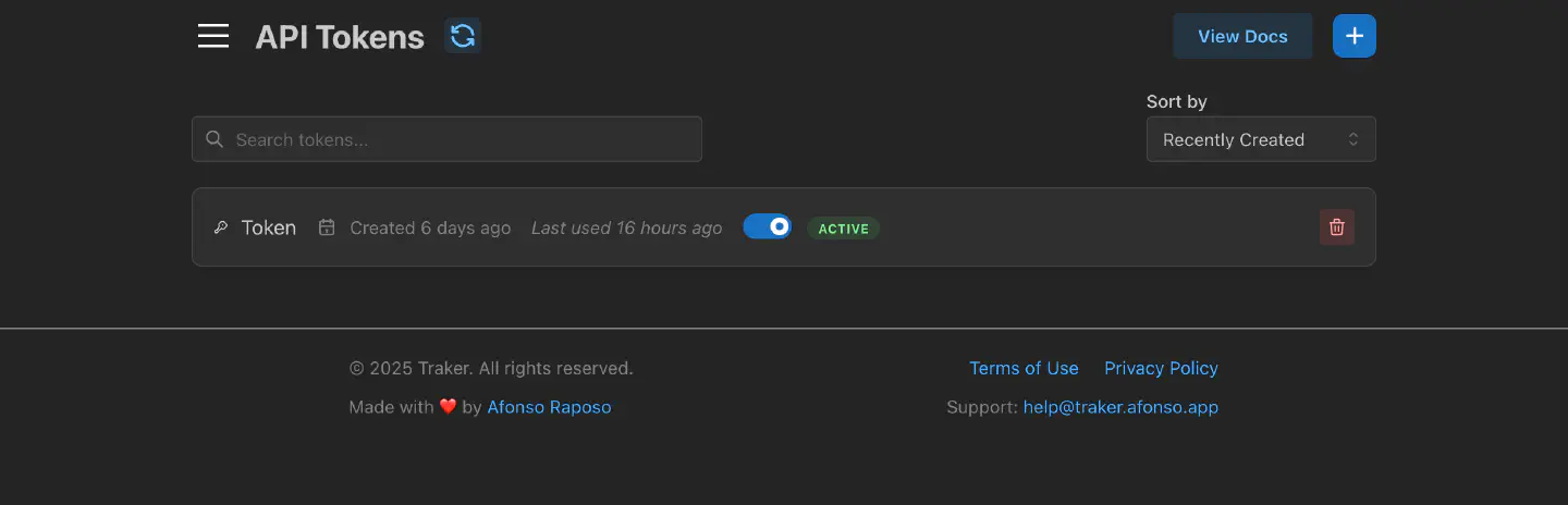 Screenshot of the tokens management screen of the new Traker app