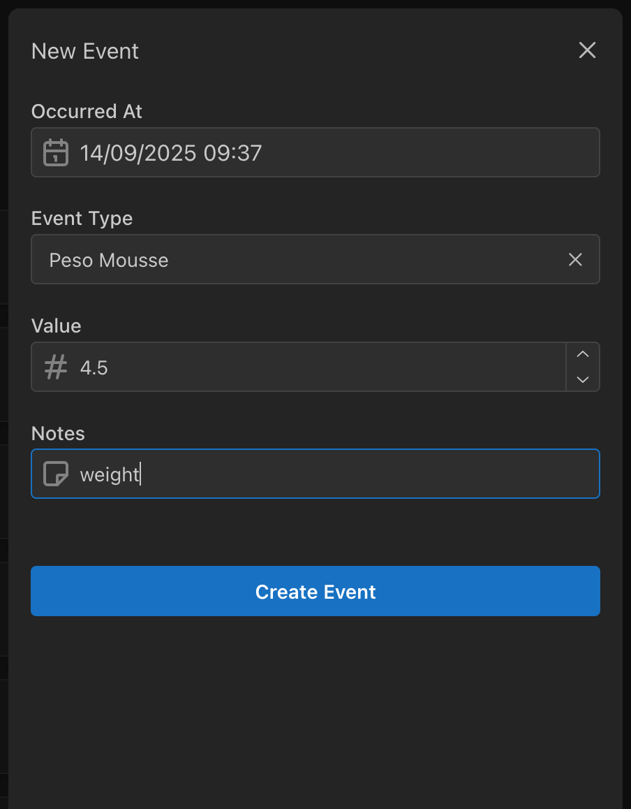 Screenshot of the Traker app showing the form to create a new event.