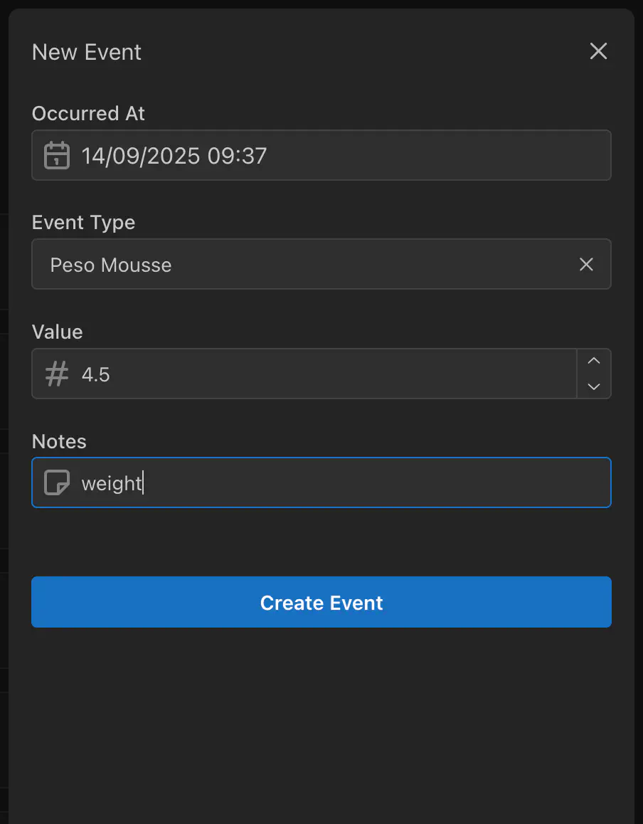 Screenshot of the Traker app showing the form to create a new event.