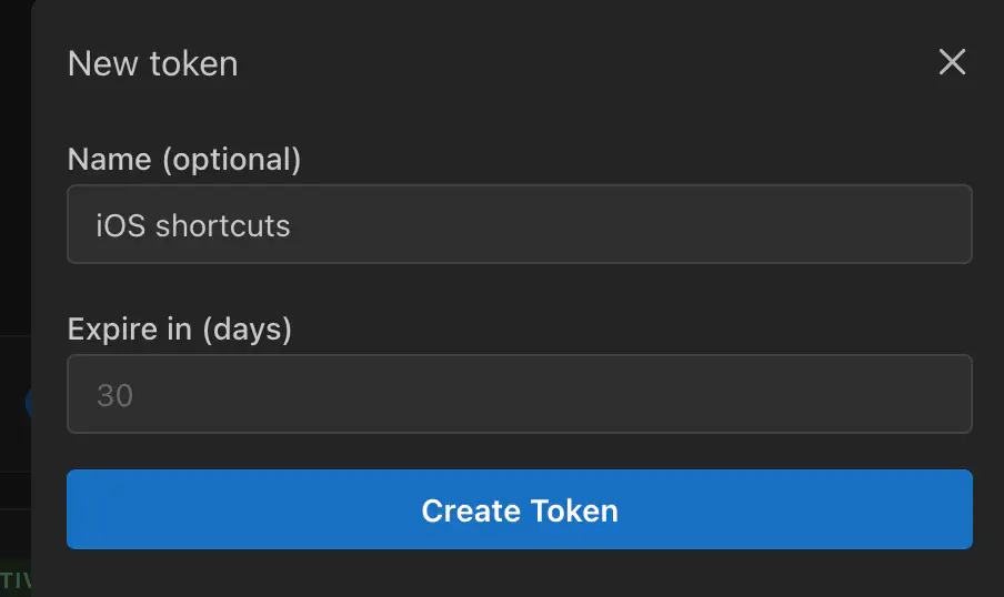 Screenshot of the Traker app showing the form to create a new API token.