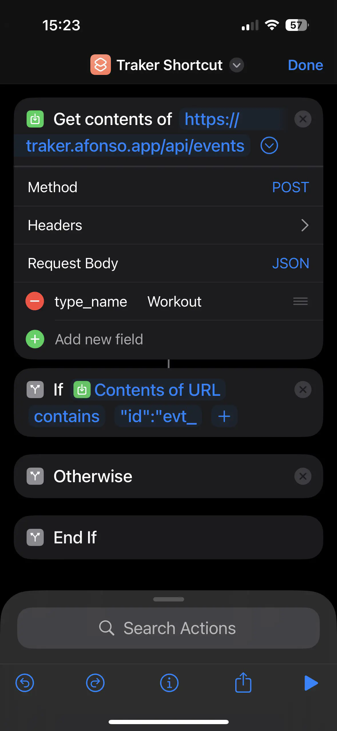 Screenshot of the iOS Shortcuts app showing the configuration of the &ldquo;If&rdquo; action.