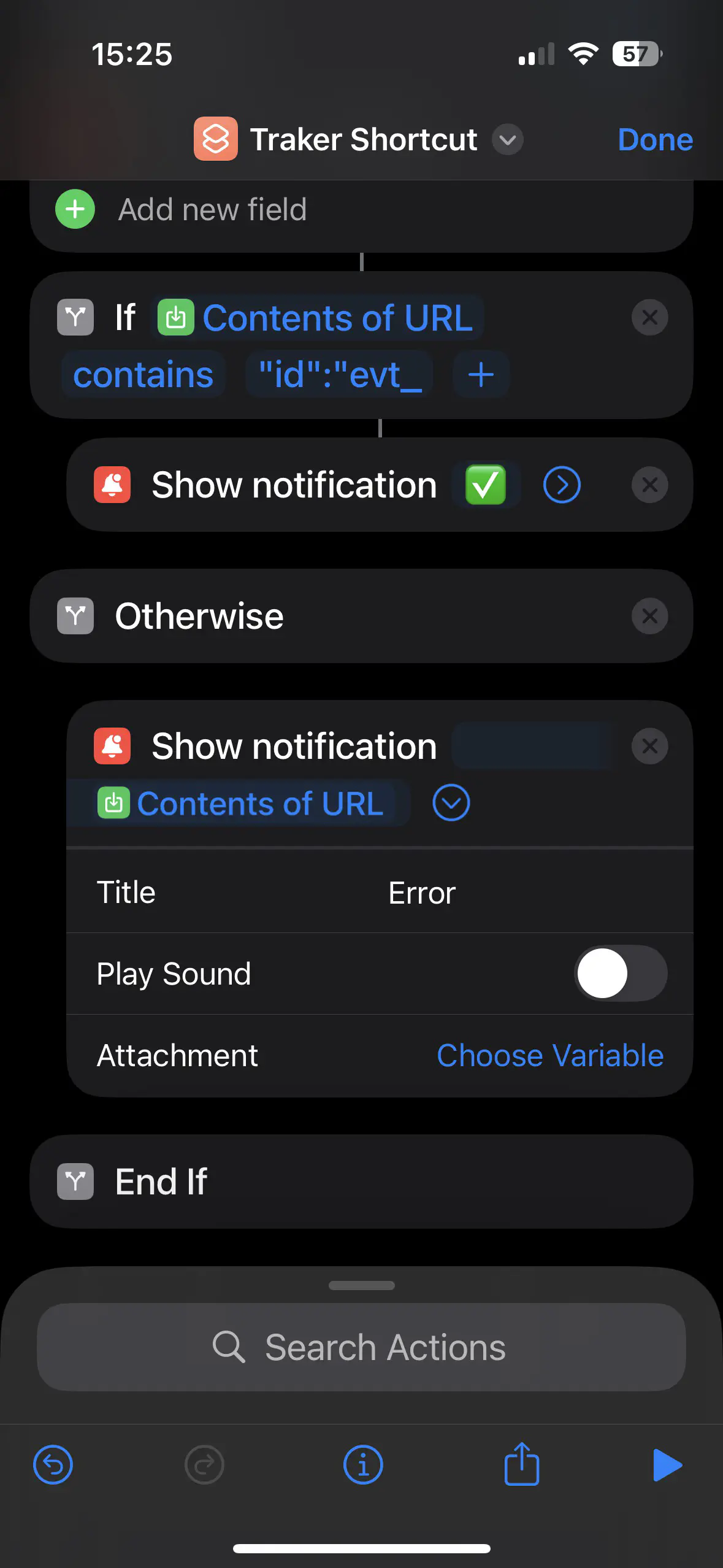 Screenshot of the iOS Shortcuts app showing the configuration of the &ldquo;Show Notification&rdquo; action.
