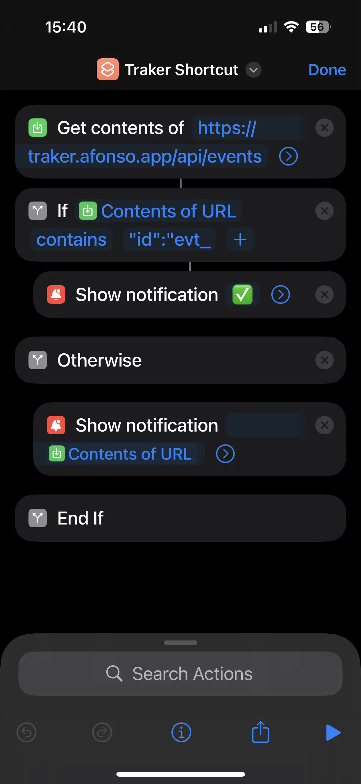 Screenshot of the iOS Shortcuts app showing the complete shortcut.