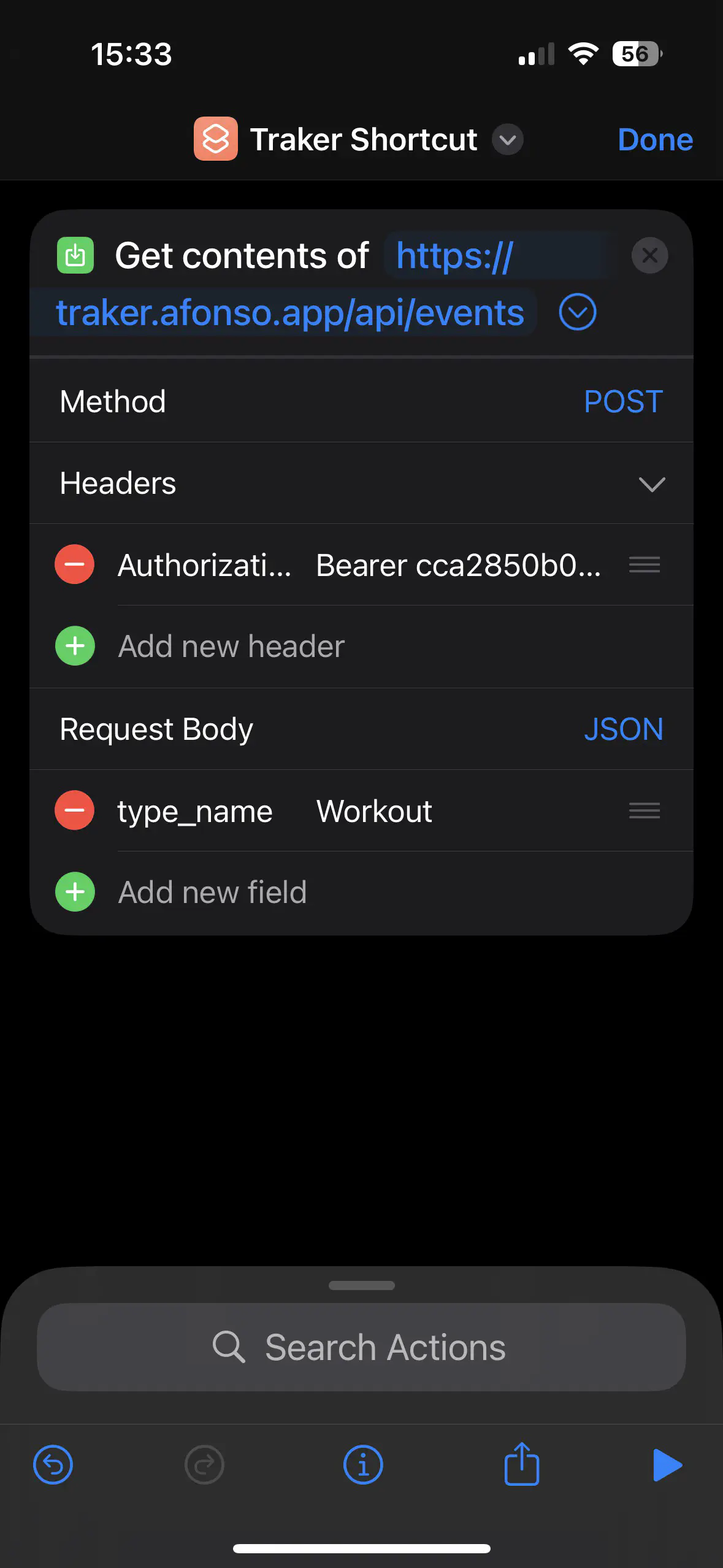 Screenshot of the iOS Shortcuts app showing the configuration of the &ldquo;Get contents of URL&rdquo; action.