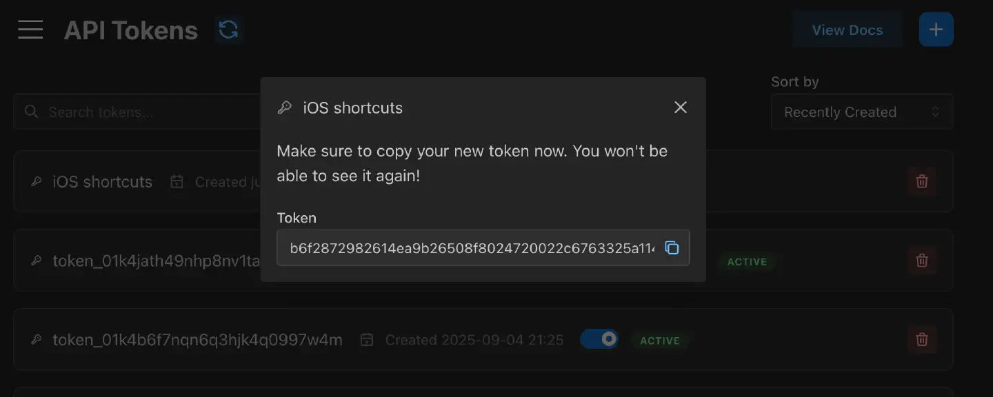 Screenshot of the Traker app showing a newly created API token.