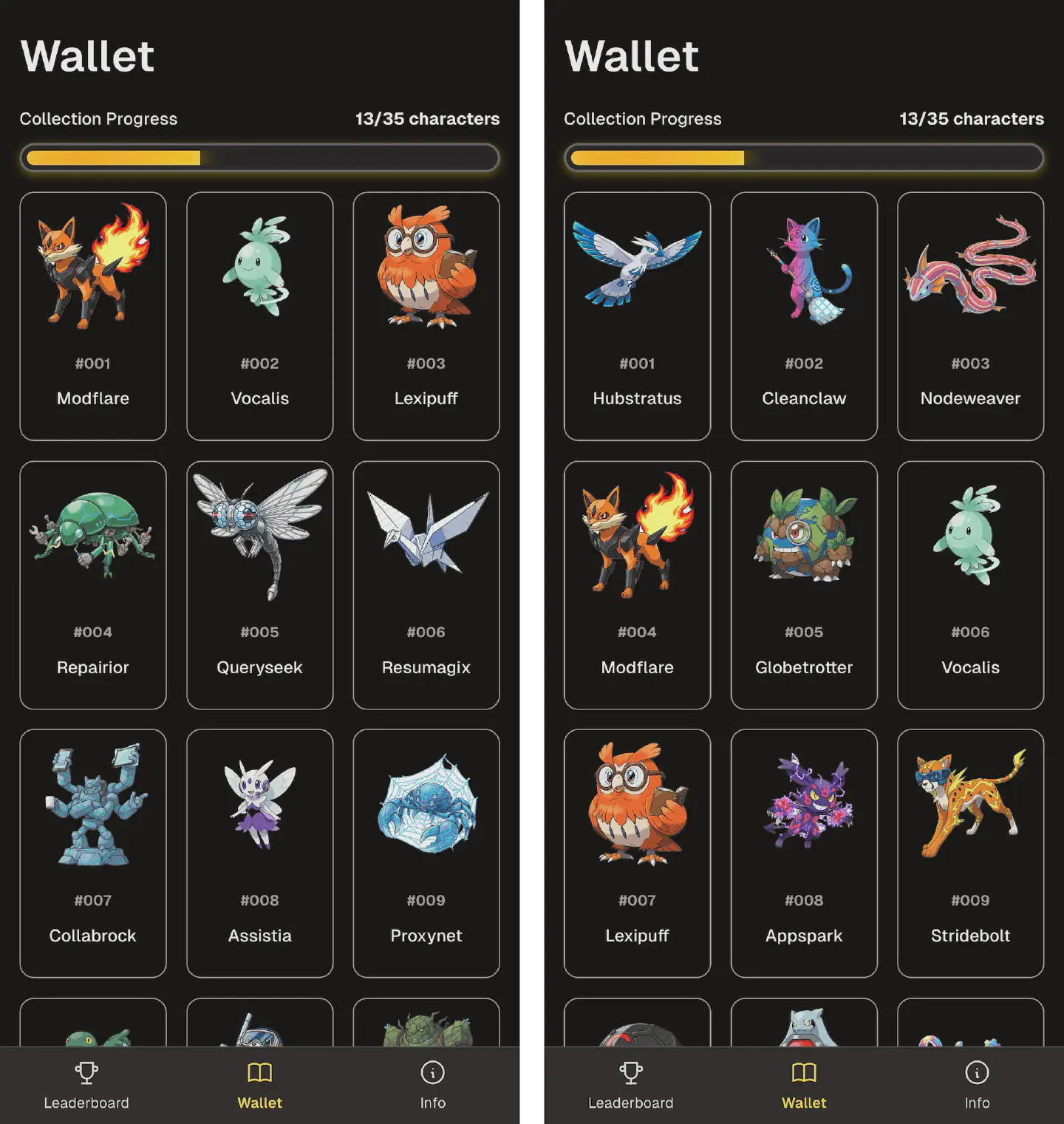 Screenshots of the wallet page showing the collected and missing characters.