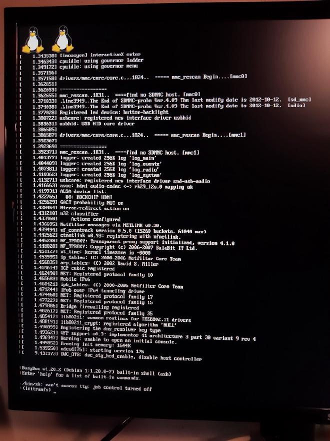 Photograph of Linux kernel booting screen