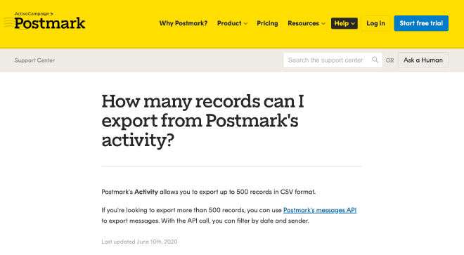 Screenshot of Postmark website with the 500 records limit when exporting a CSV